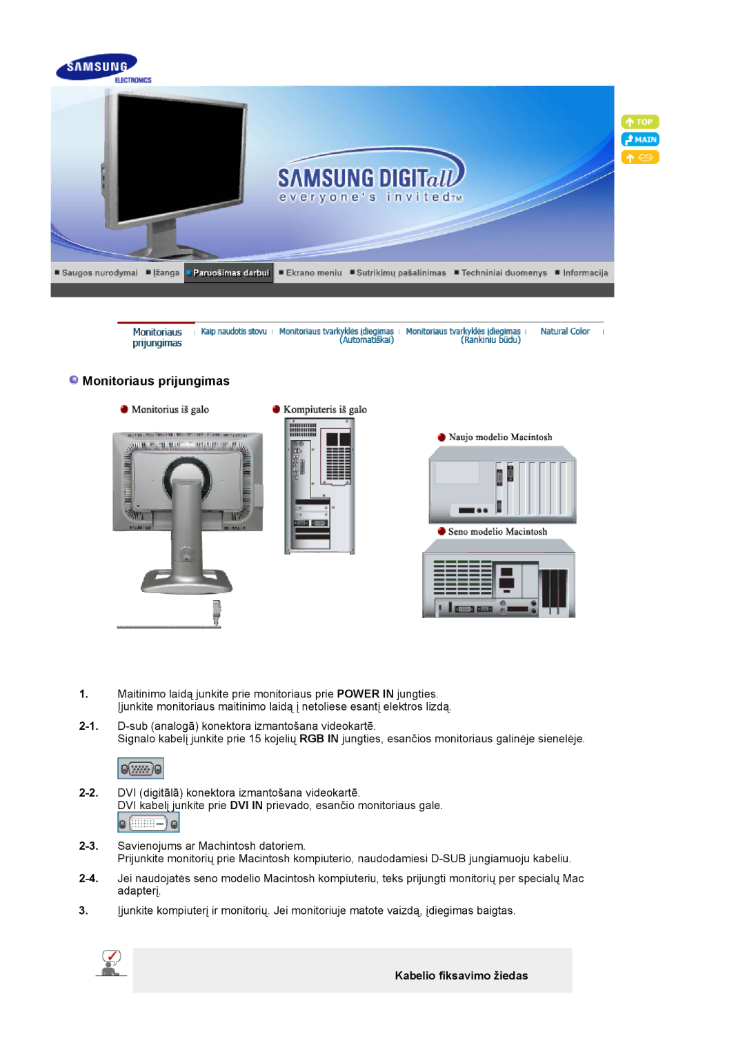 Samsung LS24BRBBS/EDC manual Monitoriaus prijungimas, Kabelio fiksavimo žiedas 