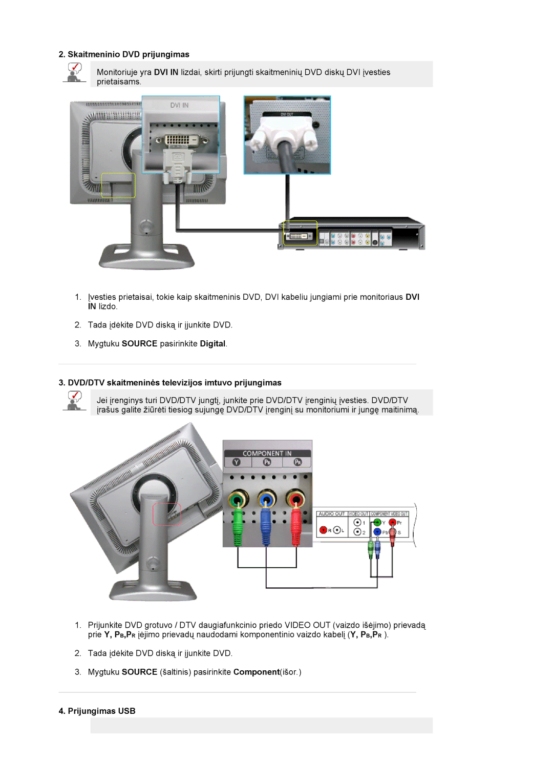 Samsung LS24BRBBS/EDC Skaitmeninio DVD prijungimas, DVD/DTV skaitmeninės televizijos imtuvo prijungimas, Prijungimas USB 