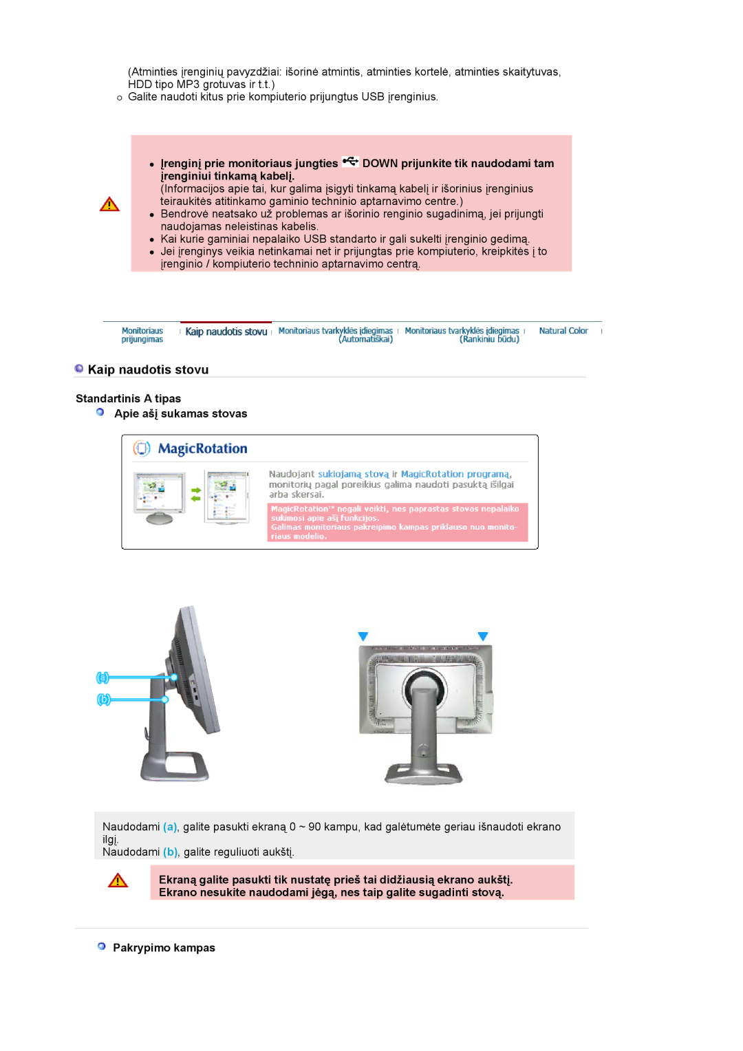 Samsung LS24BRBBS/EDC manual Kaip naudotis stovu, Standartinis a tipas Apie ašį sukamas stovas 