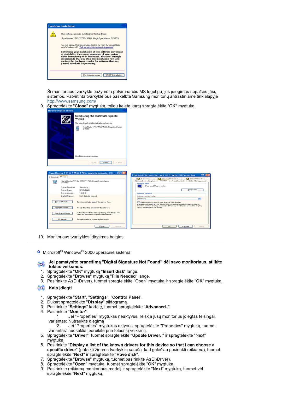 Samsung LS24BRBBS/EDC manual Kaip įdiegti Spragtelėkite Start, Settings, Control Panel 