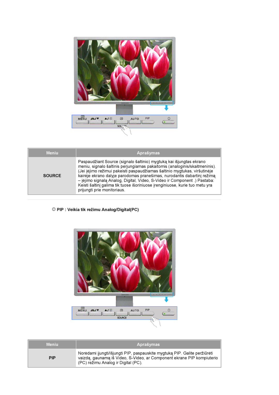 Samsung LS24BRBBS/EDC manual Source, PIP Veikia tik režimu Analog/DigitalPC 