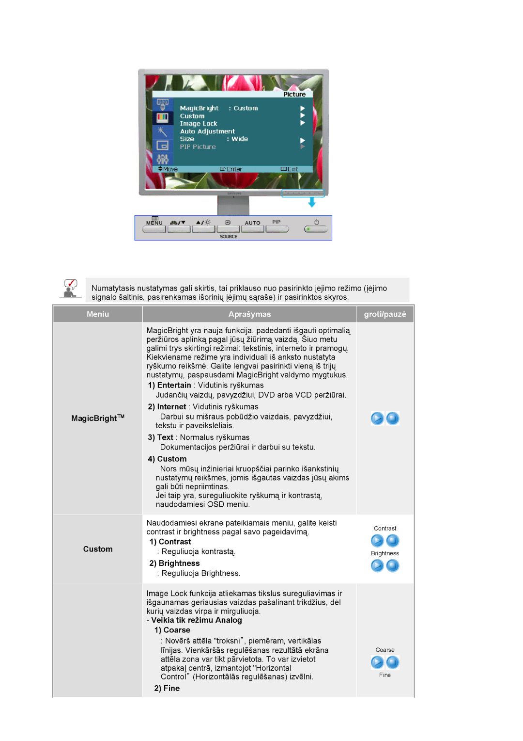 Samsung LS24BRBBS/EDC manual MagicBright Custom, Contrast, Brightness, Veikia tik režimu Analog Coarse, Fine 