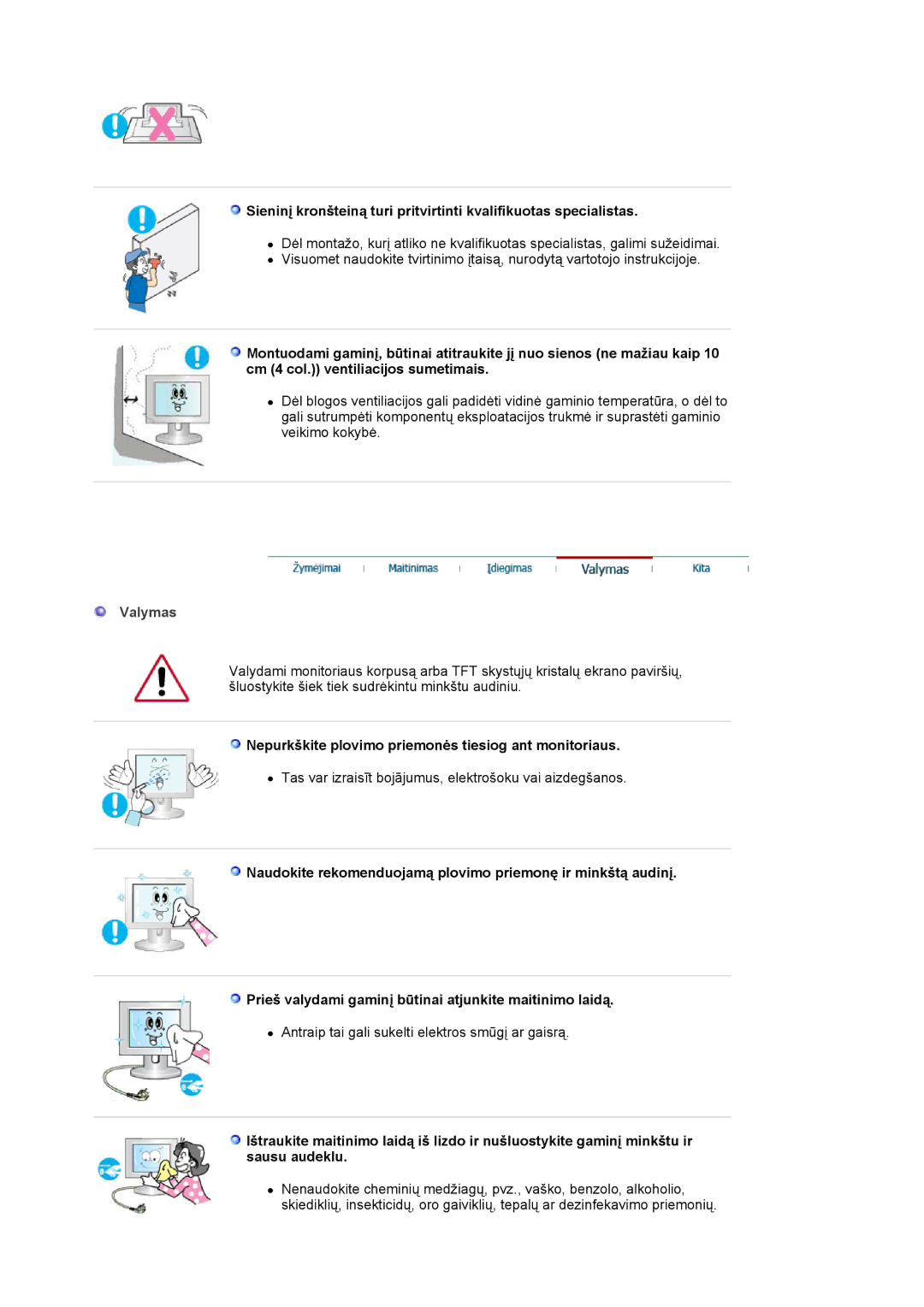 Samsung LS24BRBBS/EDC manual Valymas, Nepurkškite plovimo priemonės tiesiog ant monitoriaus 