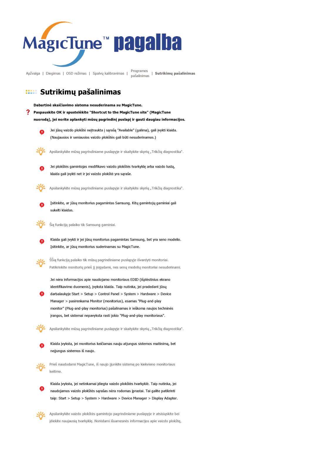 Samsung LS24BRBBS/EDC manual Sutrikimų pašalinimas 