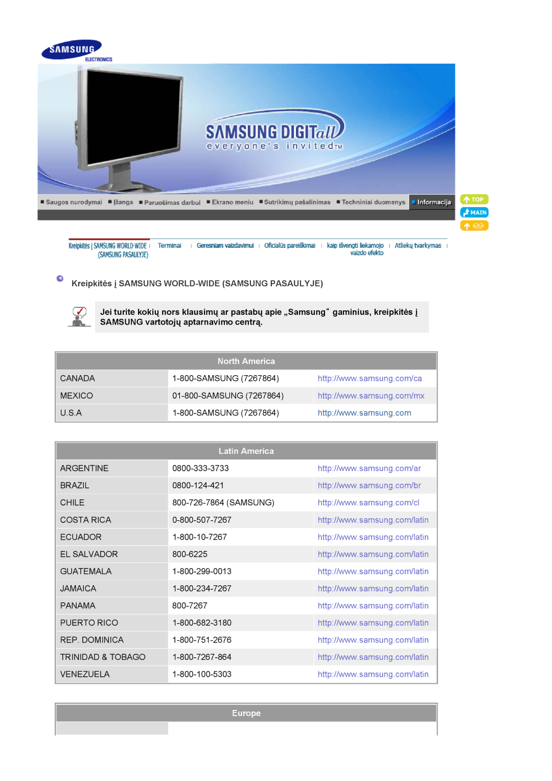 Samsung LS24BRBBS/EDC manual Kreipkitės į Samsung WORLD-WIDE Samsung Pasaulyje, North America, Latin America, Europe 