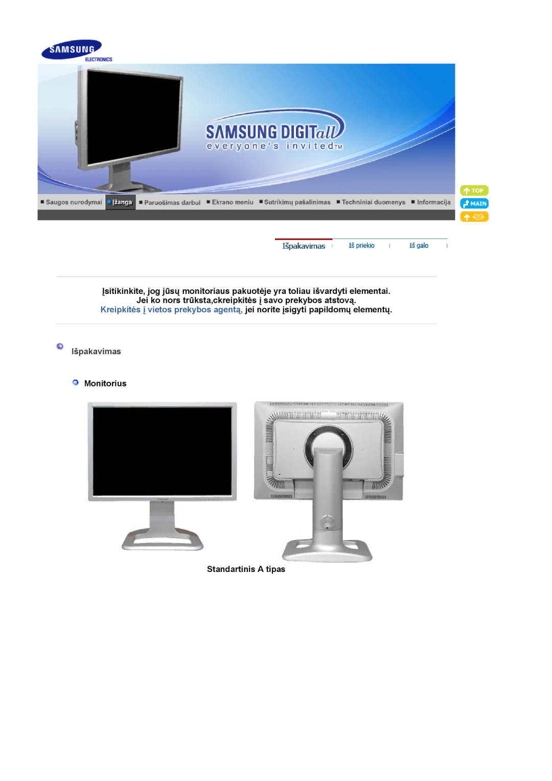 Samsung LS24BRBBS/EDC manual Išpakavimas, Monitorius Standartinis a tipas 