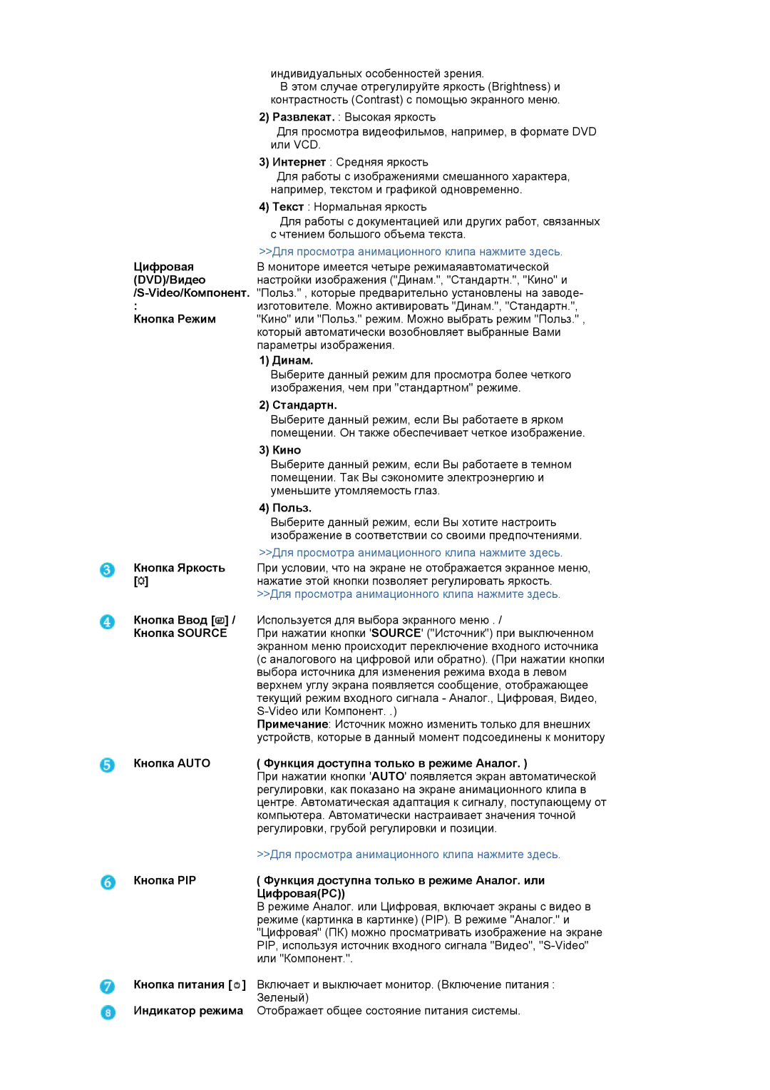 Samsung LS24BRBBS/EDC manual Цифровая, DVD/Видео, Video/Компонент, Кнопка Режим, Динам, Стандартн, Кино, Кнопка Яркость 