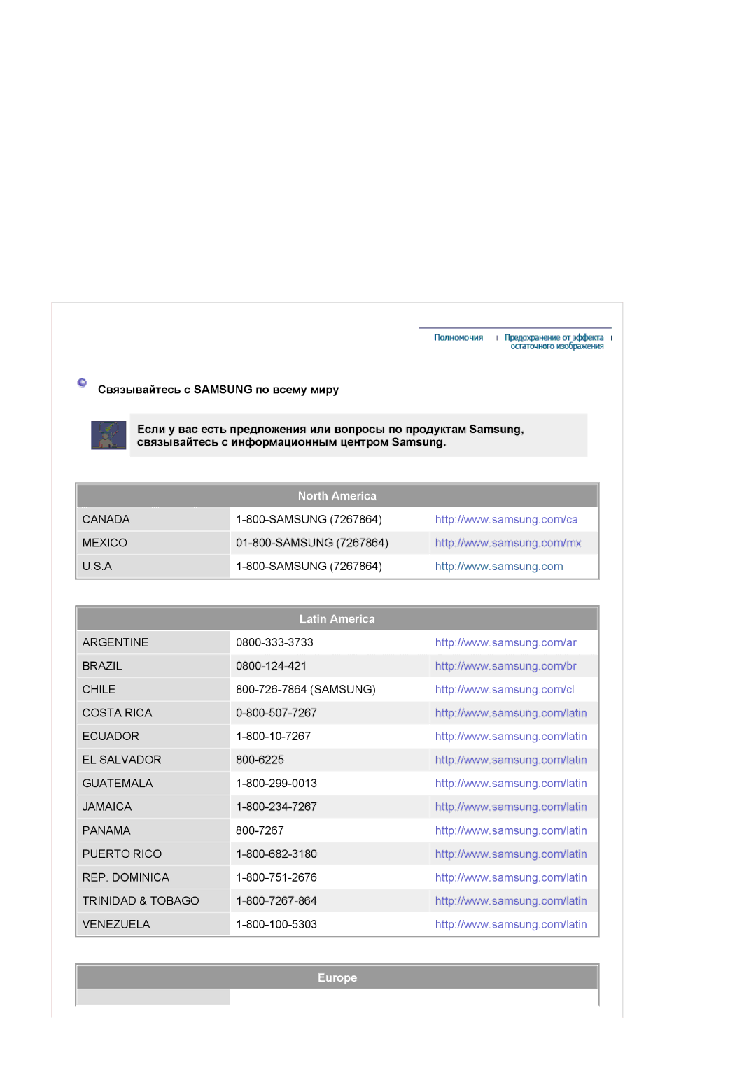 Samsung LS24BRBBS/EDC manual North America, Latin America, Europe 