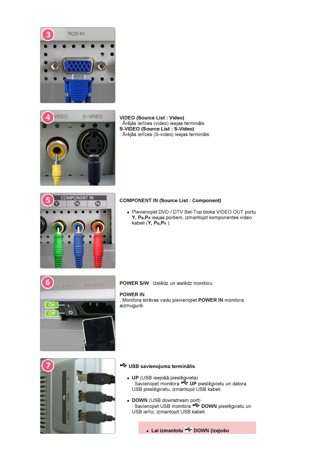 Samsung LS24BRBBS/EDC manual Video Source List Video, Video Source List S-Video, Component in Source List Component 