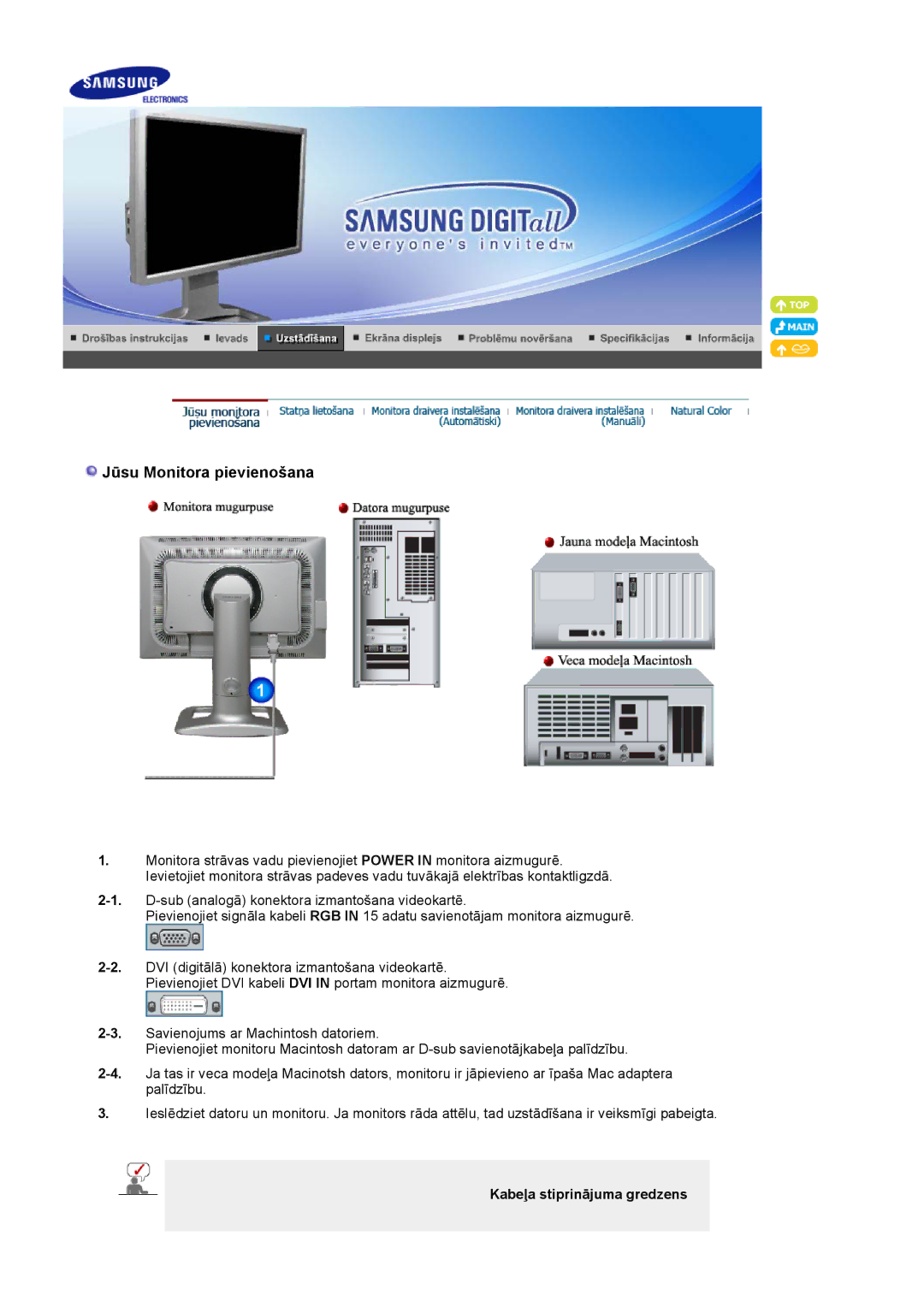 Samsung LS24BRBBS/EDC manual Jūsu Monitora pievienošana, Kabeļa stiprinājuma gredzens 