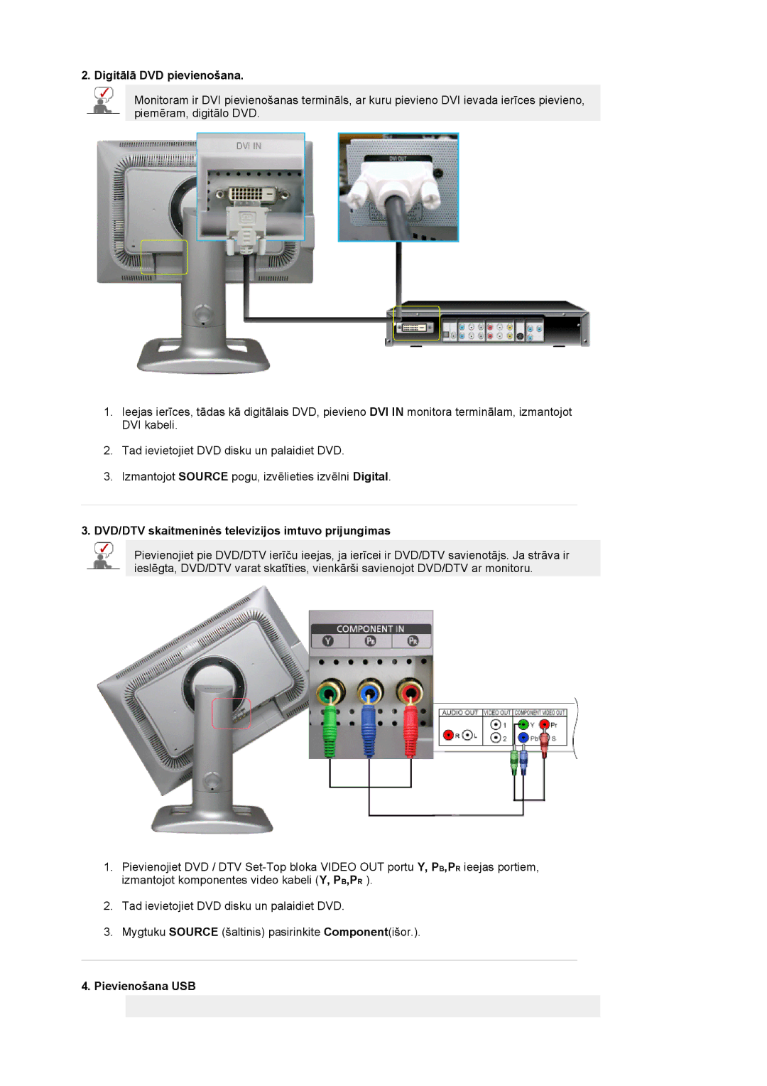 Samsung LS24BRBBS/EDC Digitālā DVD pievienošana, DVD/DTV skaitmeninės televizijos imtuvo prijungimas, Pievienošana USB 