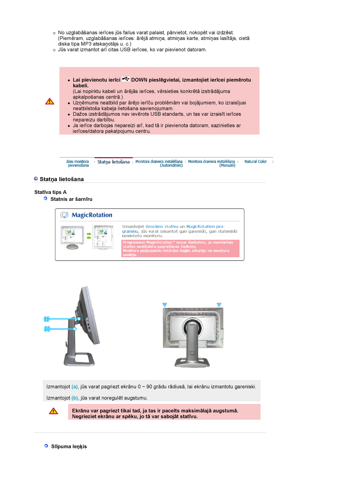 Samsung LS24BRBBS/EDC manual Statņa lietošana, Statīva tips a Statnis ar šarnīru 