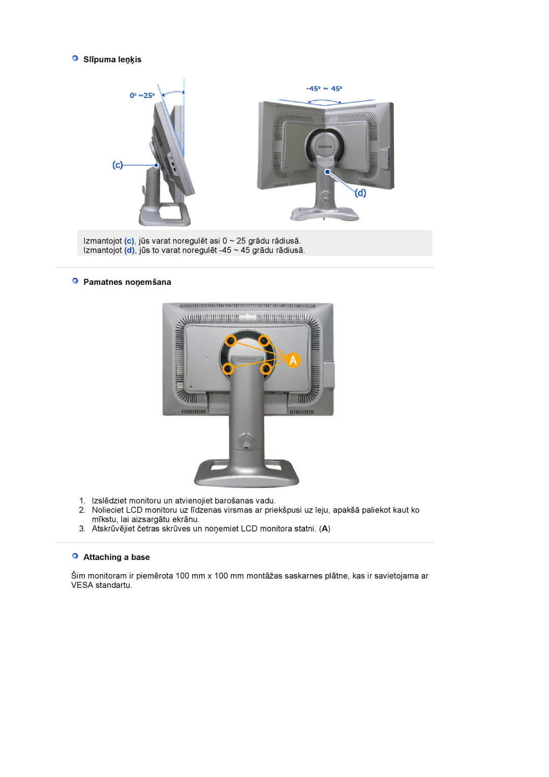 Samsung LS24BRBBS/EDC manual Pamatnes noņemšana, Attaching a base 