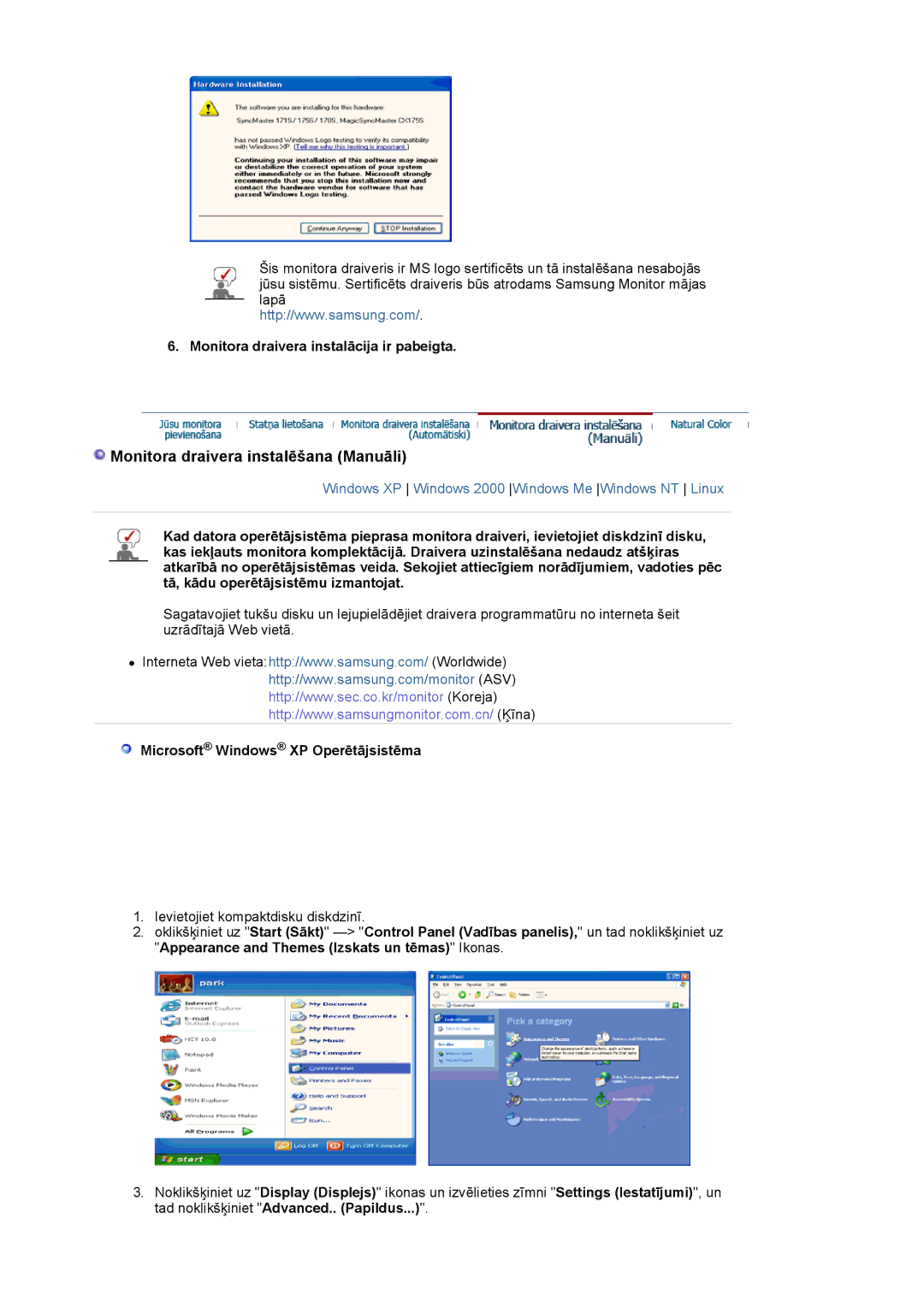 Samsung LS24BRBBS/EDC manual Monitora draivera instalācija ir pabeigta, Microsoft Windows XP Operētājsistēma 