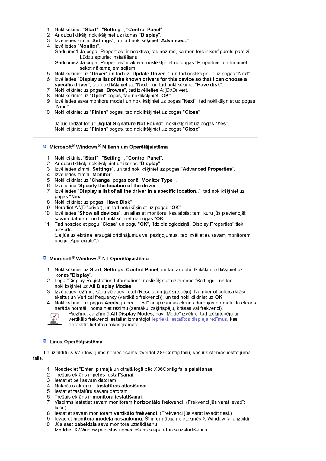 Samsung LS24BRBBS/EDC manual Microsoft Windows Millennium Operētājsistēma, Microsoft Windows NT Operētājsistēma 