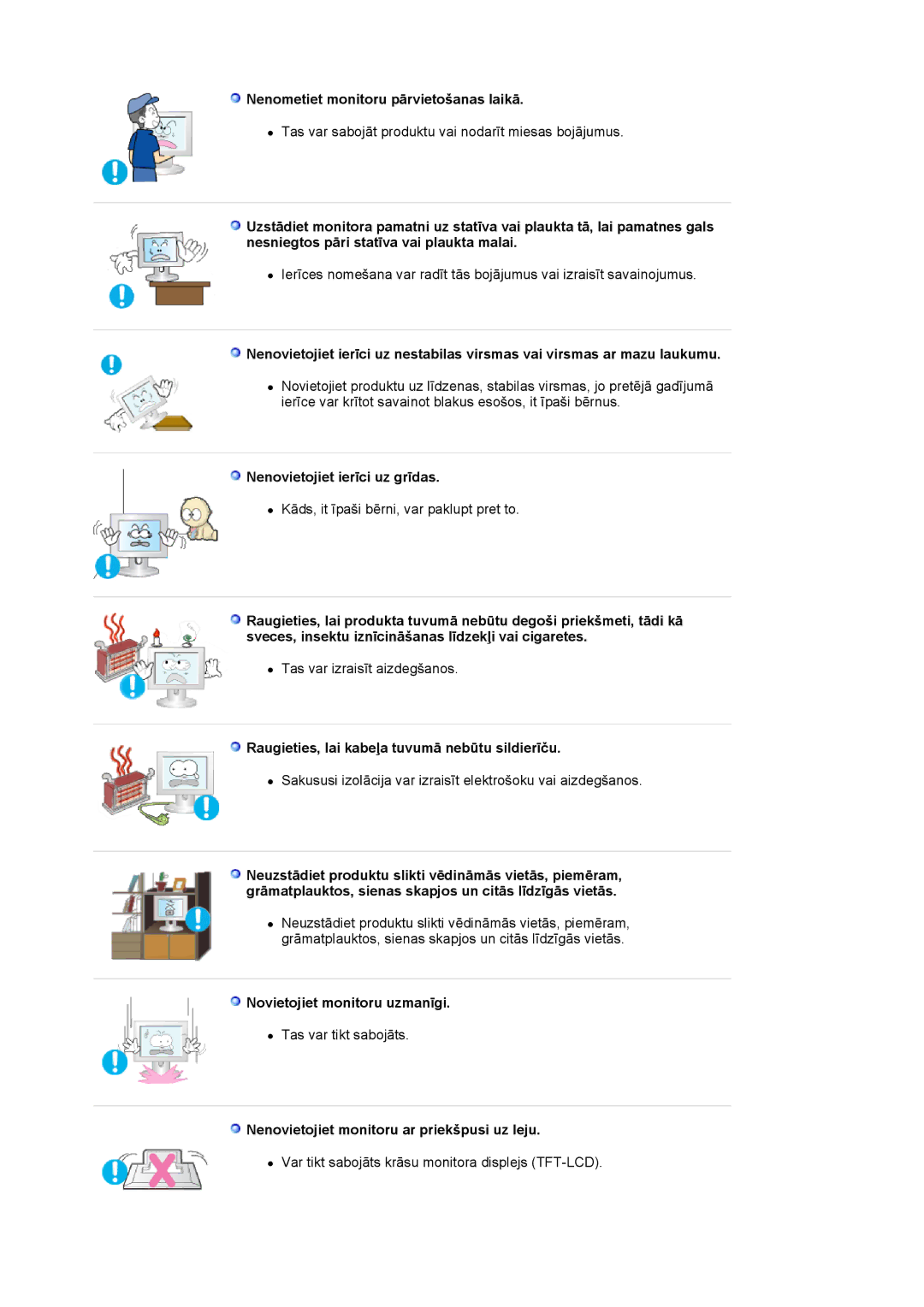 Samsung LS24BRBBS/EDC manual Nenometiet monitoru pārvietošanas laikā, Nenovietojiet ierīci uz grīdas 