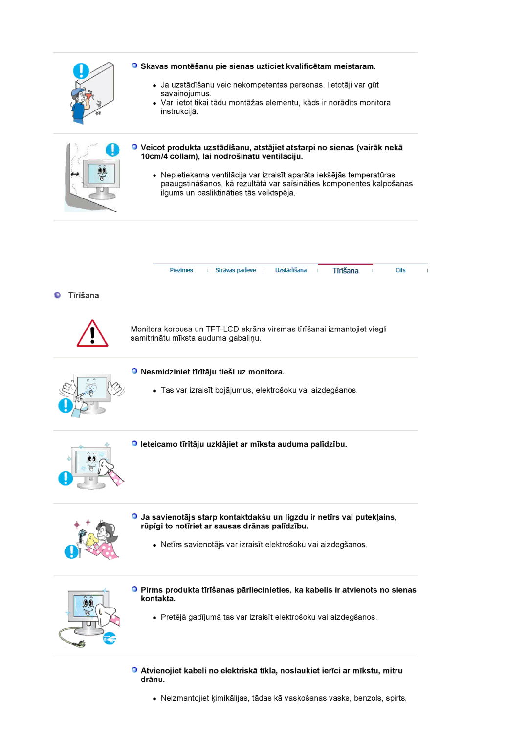 Samsung LS24BRBBS/EDC manual Skavas montēšanu pie sienas uzticiet kvalificētam meistaram, Tīrīšana 