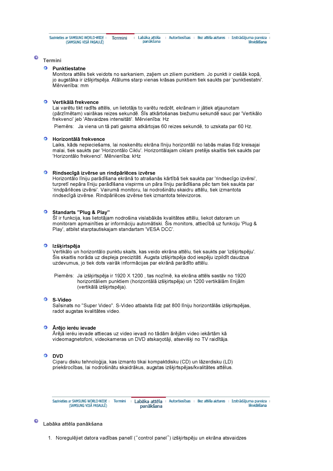 Samsung LS24BRBBS/EDC manual Termini, Labāka attēla panākšana 