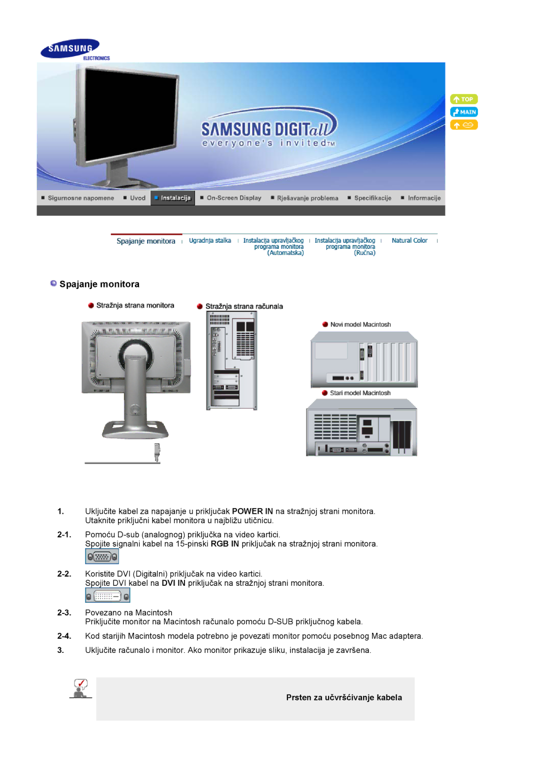 Samsung LS24BRBBS/EDC manual Spajanje monitora, Prsten za učvršćivanje kabela 