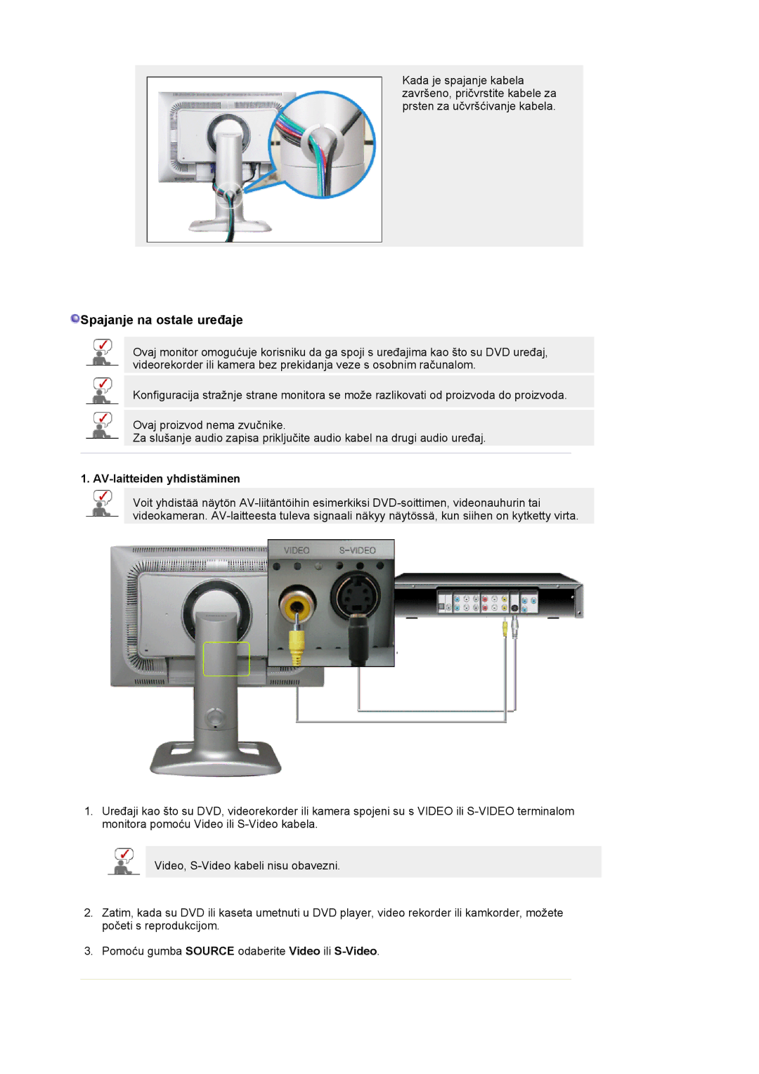 Samsung LS24BRBBS/EDC manual Spajanje na ostale uređaje, AV-laitteiden yhdistäminen 