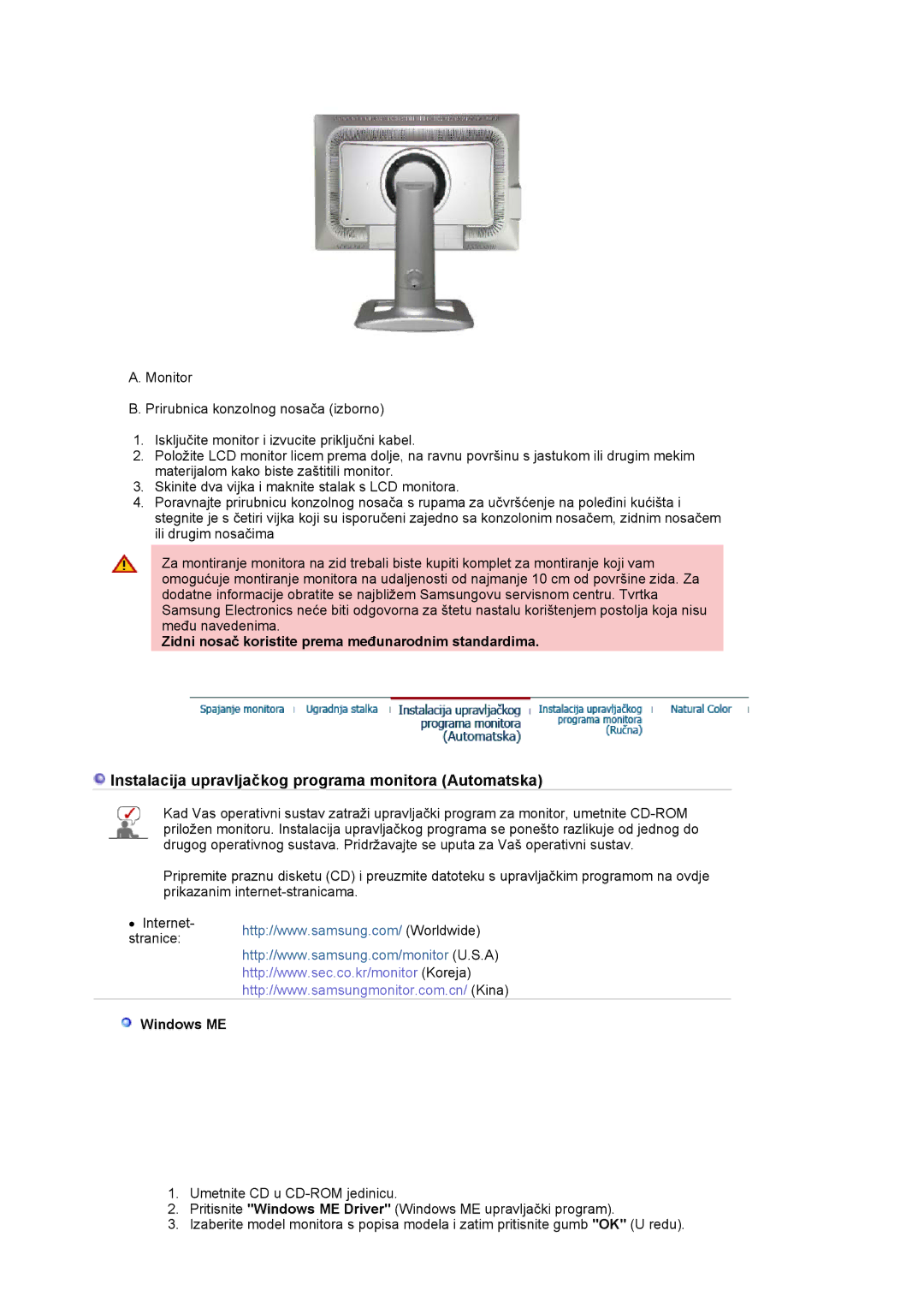 Samsung LS24BRBBS/EDC manual Zidni nosač koristite prema međunarodnim standardima, Windows ME 