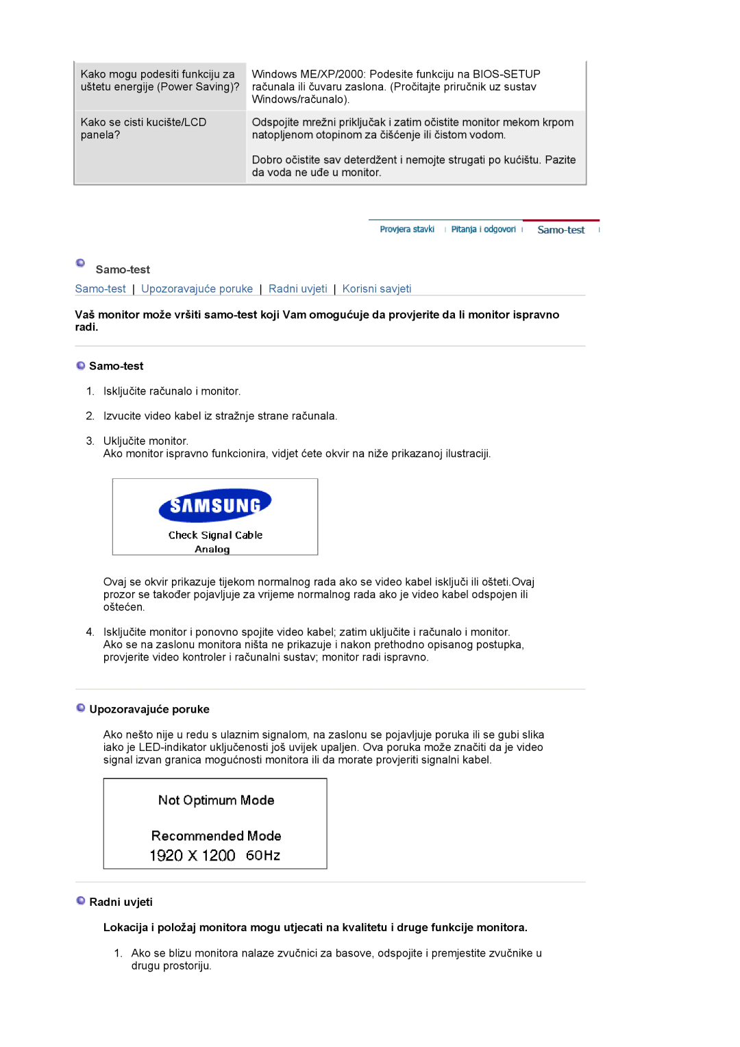 Samsung LS24BRBBS/EDC manual Samo-test, Upozoravajuće poruke 