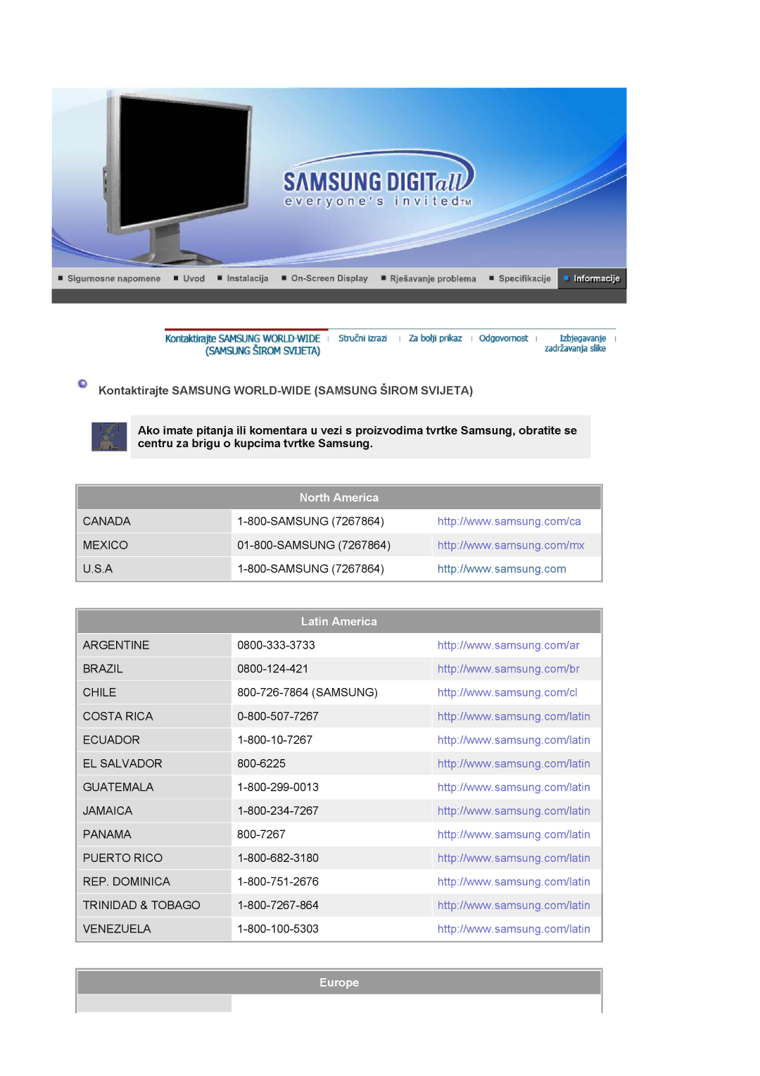 Samsung LS24BRBBS/EDC manual Kontaktirajte Samsung WORLD-WIDE Samsung Širom Svijeta, North America, Latin America, Europe 