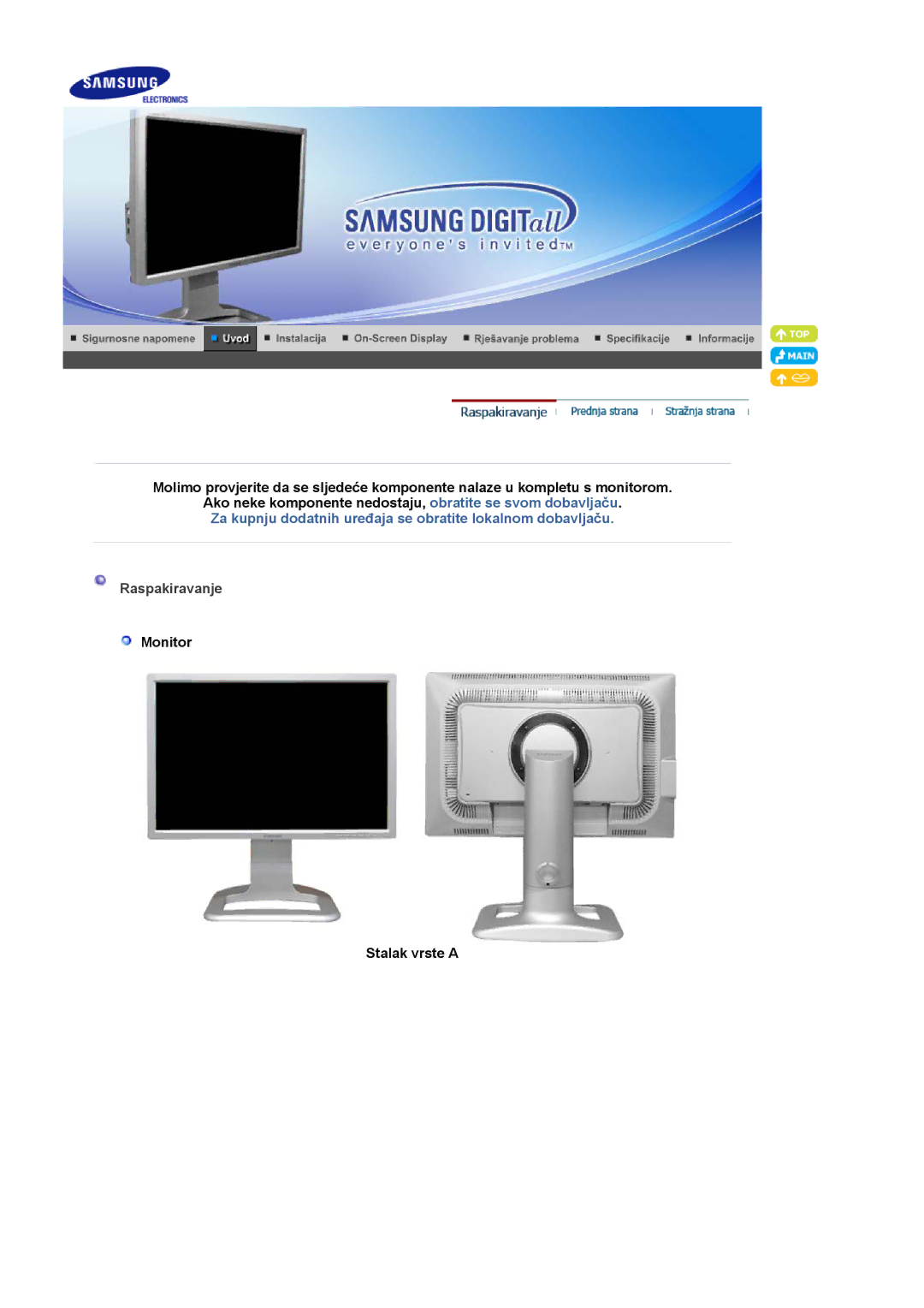 Samsung LS24BRBBS/EDC manual Raspakiravanje, Monitor Stalak vrste a 