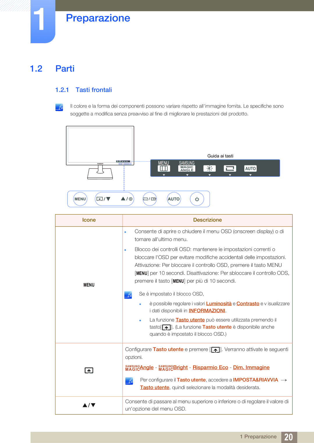 Samsung LS24C20KBL/EN, LS22C20KBS/EN manual Parti, Tasti frontali, Icone Descrizione 