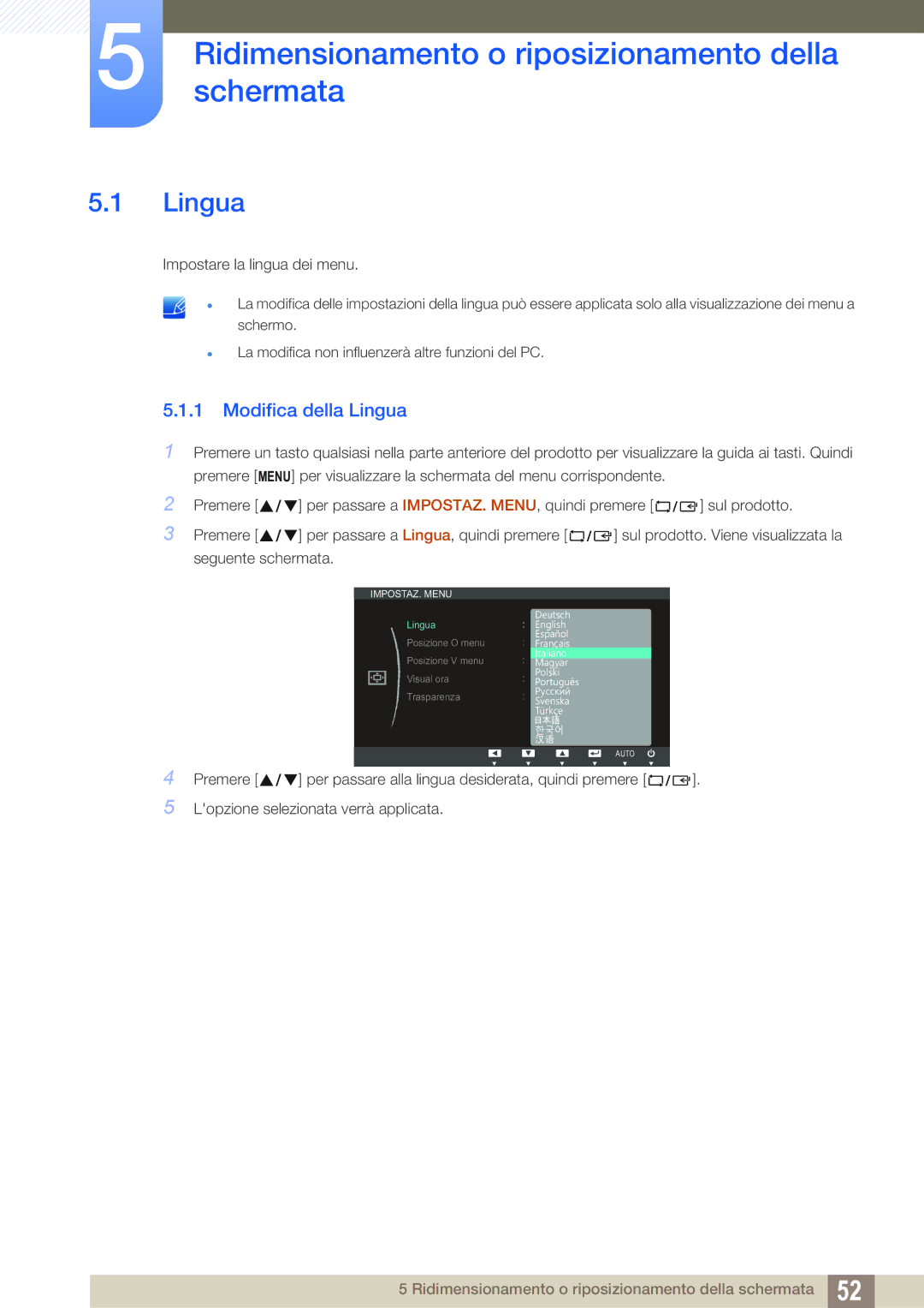 Samsung LS24C20KBL/EN, LS22C20KBS/EN manual Modifica della Lingua 