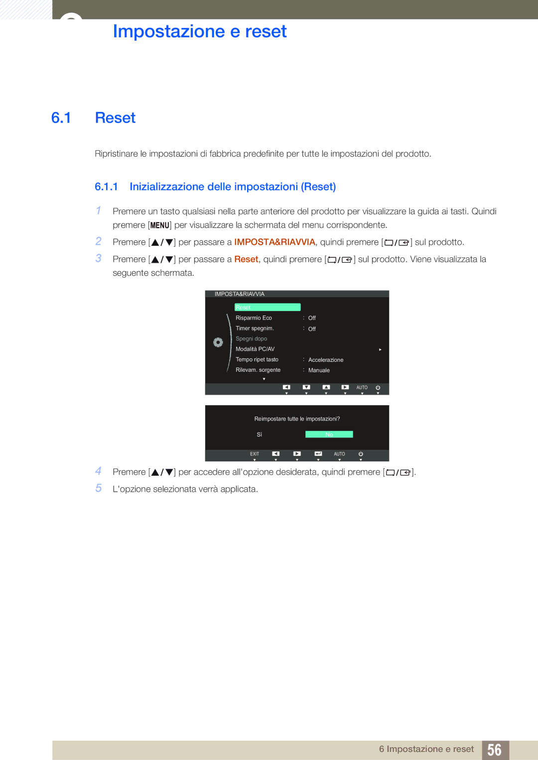 Samsung LS24C20KBL/EN, LS22C20KBS/EN manual Impostazione e reset, Inizializzazione delle impostazioni Reset 