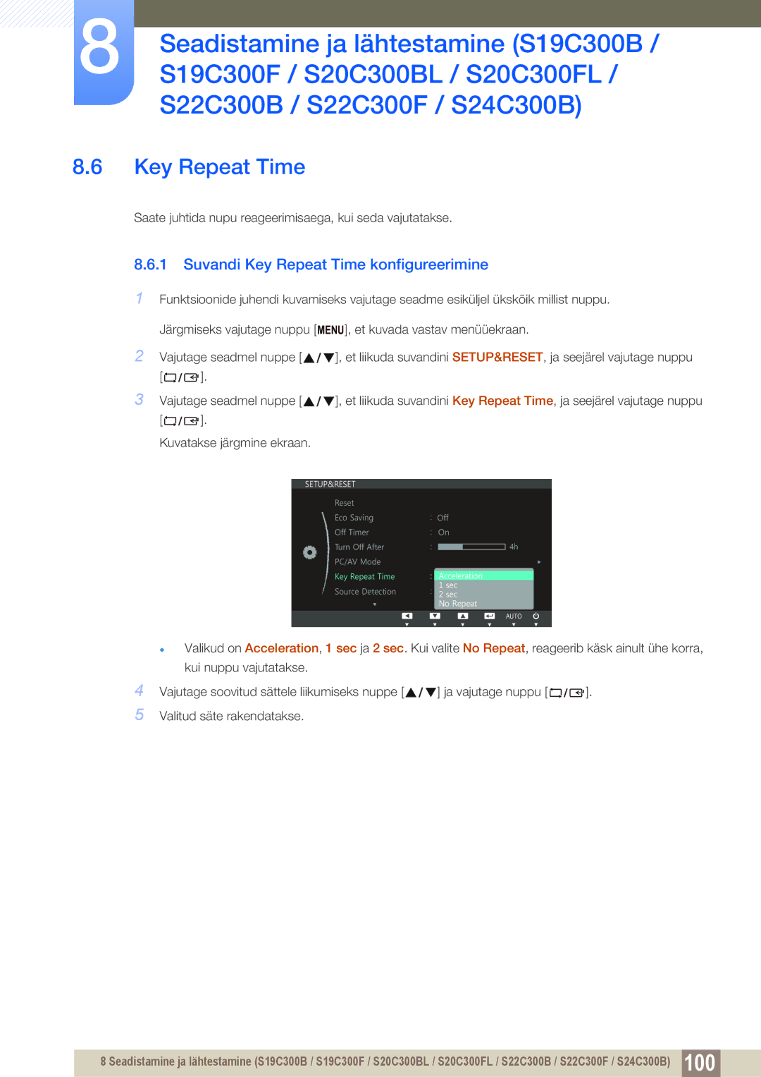 Samsung LS24C300BS/EN, LS19C300BS/EN, LS22C300BS/EN, LS20C300BL/EN manual Suvandi Key Repeat Time konfigureerimine 