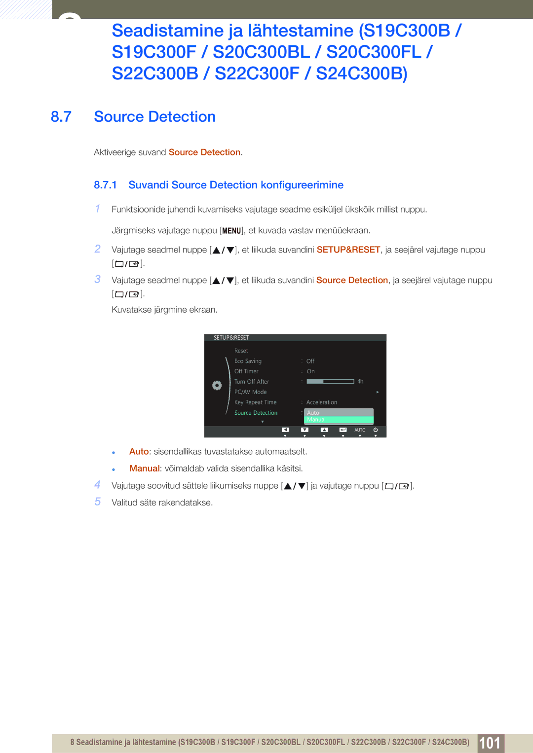 Samsung LS19C300BS/EN, LS24C300BS/EN, LS22C300BS/EN, LS20C300BL/EN manual Suvandi Source Detection konfigureerimine 