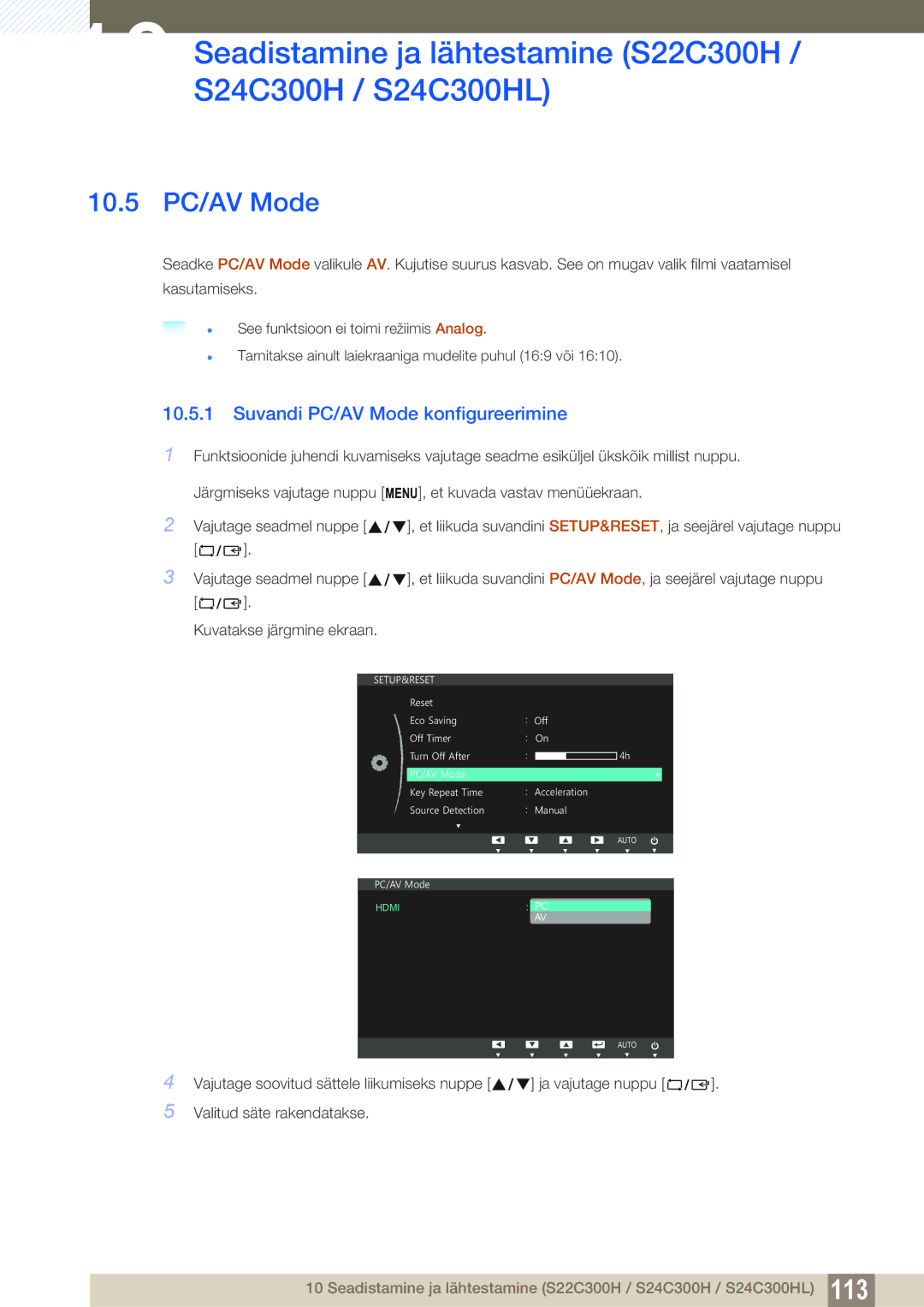 Samsung LS20C300BL/EN, LS24C300BS/EN, LS19C300BS/EN, LS22C300BS/EN manual 10.5 PC/AV Mode, Suvandi PC/AV Mode konfigureerimine 