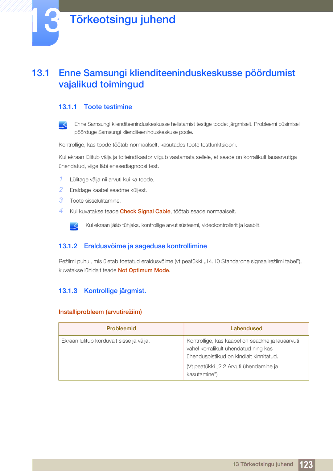 Samsung LS20C300BL/EN, LS24C300BS/EN manual 13 Tõrkeotsingu juhend, Toote testimine, Eraldusvõime ja sageduse kontrollimine 