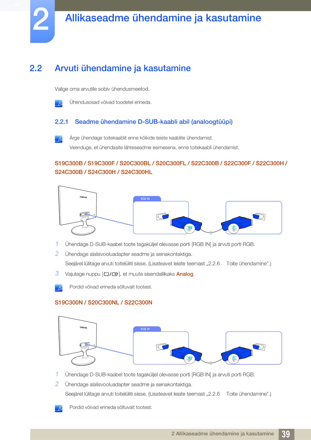 Samsung LS22C300HS/EN, LS24C300BS/EN Arvuti ühendamine ja kasutamine, Seadme ühendamine D-SUB-kaabli abil analoogtüüpi 