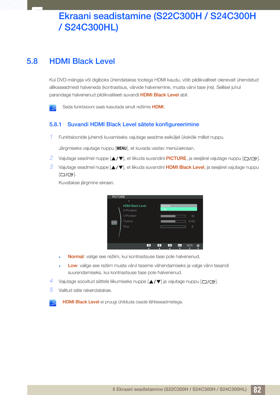 Samsung LS22C300BS/EN, LS24C300BS/EN, LS19C300BS/EN, LS20C300BL/EN manual Suvandi Hdmi Black Level sätete konfigureerimine 