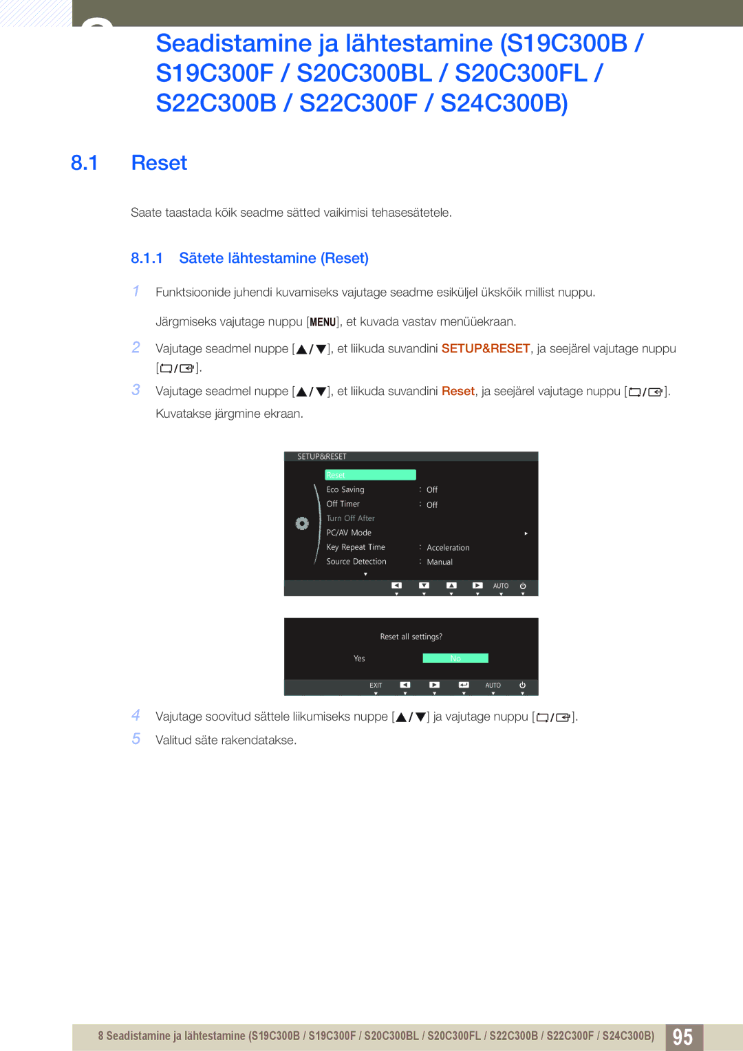 Samsung LS24C300BS/EN, LS19C300BS/EN, LS22C300BS/EN, LS20C300BL/EN, LS22C300HS/EN manual 1 Sätete lähtestamine Reset 