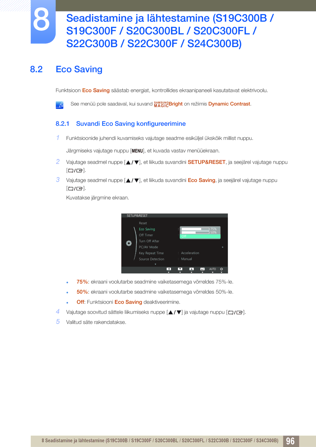 Samsung LS19C300BS/EN, LS24C300BS/EN, LS22C300BS/EN, LS20C300BL/EN, LS22C300HS/EN Suvandi Eco Saving konfigureerimine 