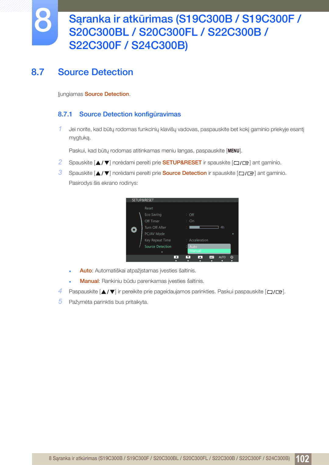 Samsung LS22C300BS/EN, LS24C300BS/EN, LS19C300BS/EN, LS20C300BL/EN, LS22C300HS/EN manual Source Detection konfigūravimas 
