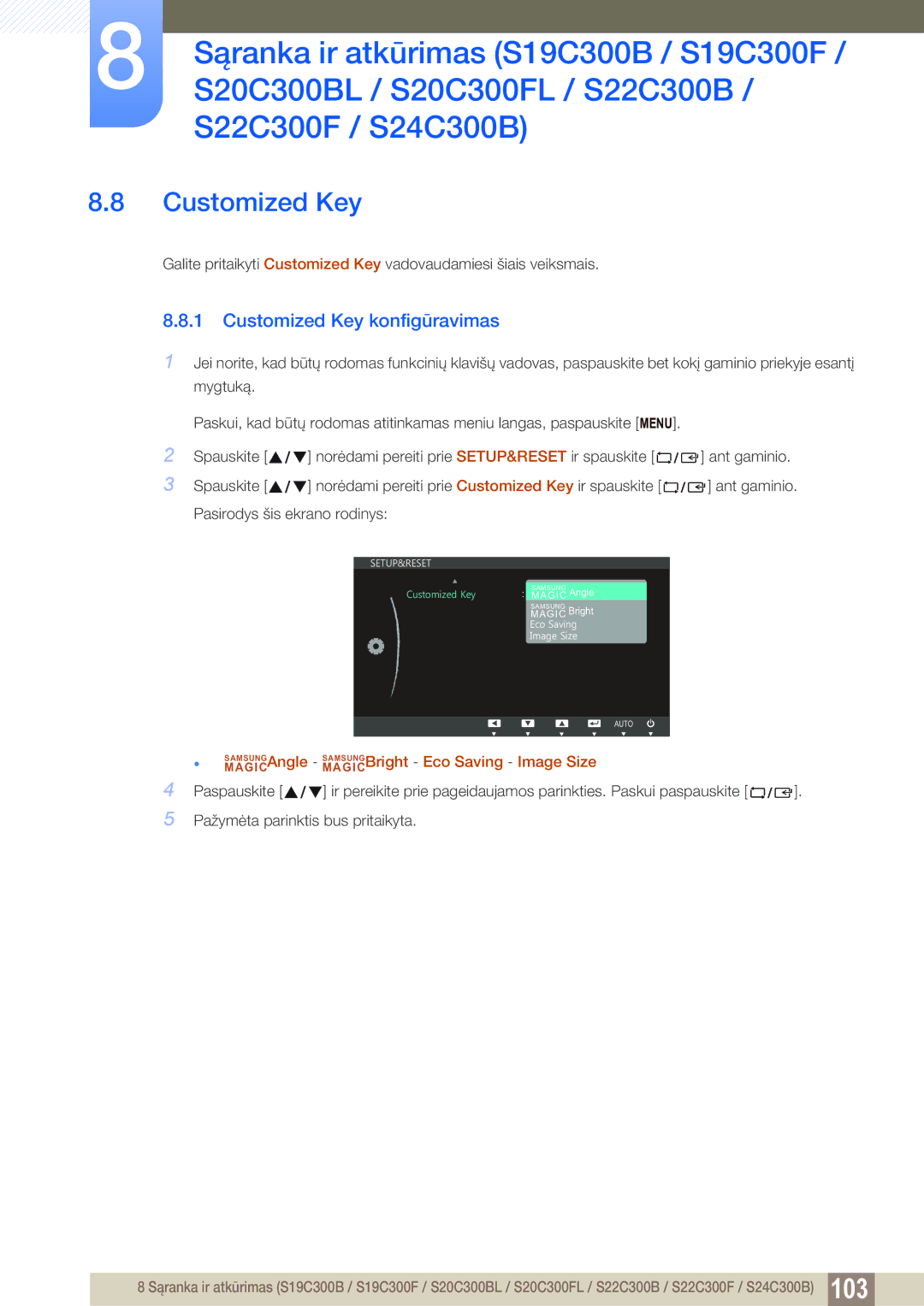 Samsung LS20C300BL/EN, LS24C300BS/EN, LS19C300BS/EN, LS22C300BS/EN, LS22C300HS/EN manual Customized Key konfigūravimas 