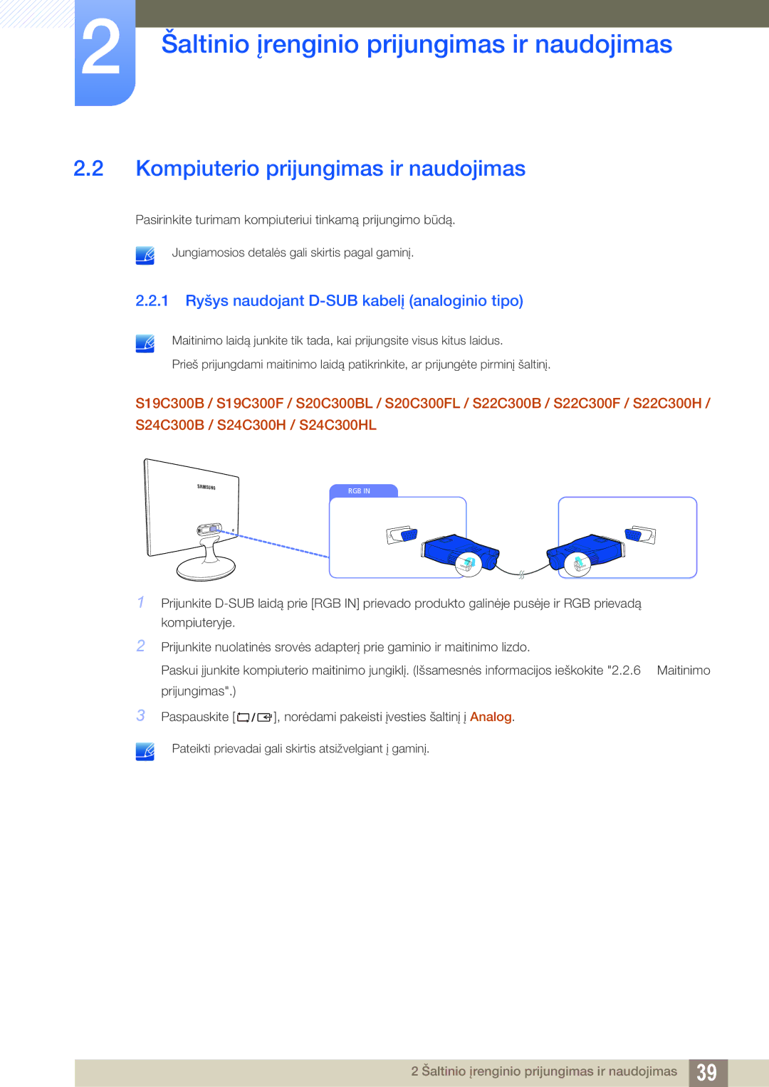 Samsung LS22C300HS/EN, LS24C300BS/EN Kompiuterio prijungimas ir naudojimas, 1 Ryšys naudojant D-SUB kabelį analoginio tipo 