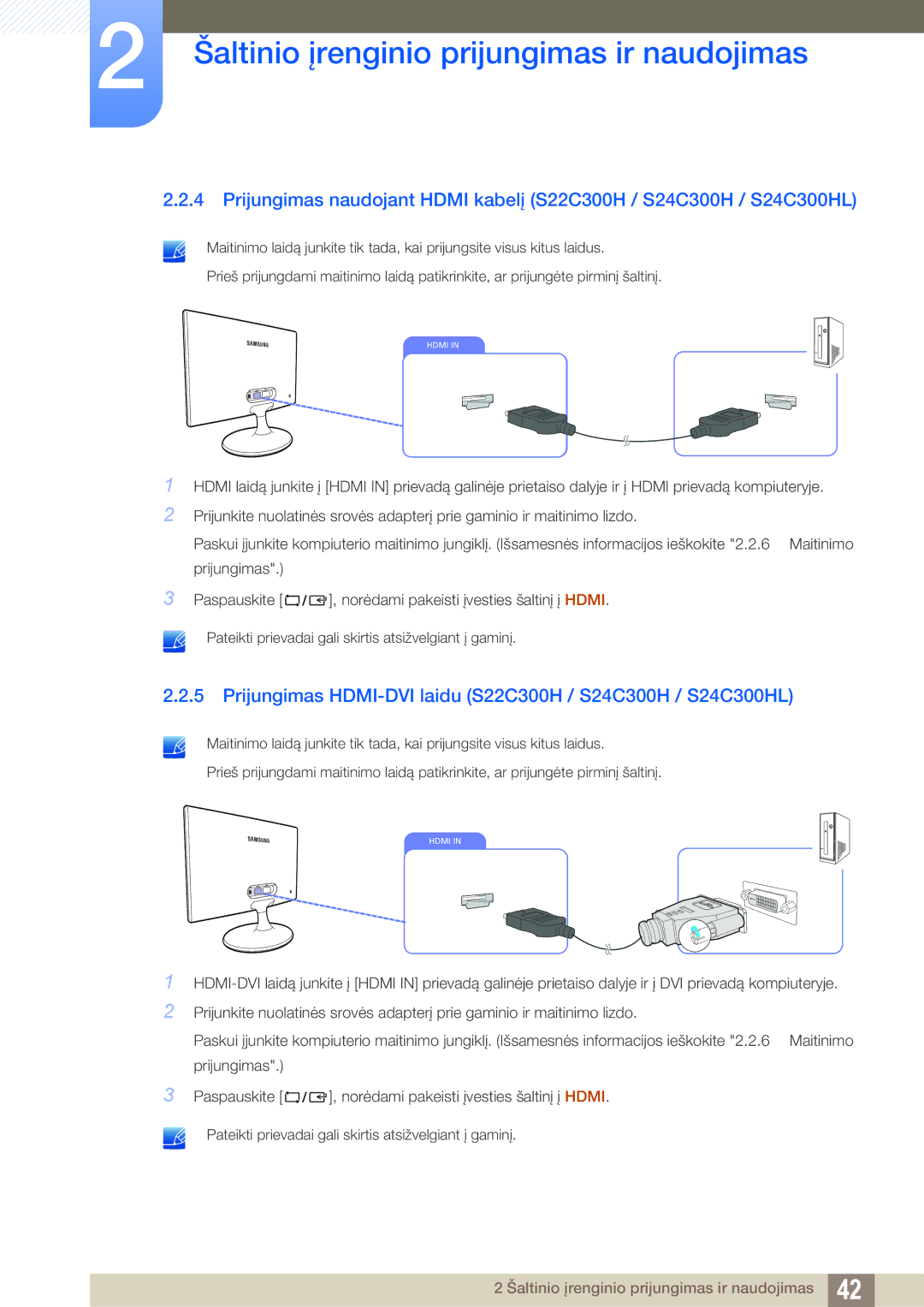 Samsung LS22C300BS/EN, LS24C300BS/EN, LS19C300BS/EN manual Prijungimas HDMI-DVI laidu S22C300H / S24C300H / S24C300HL 