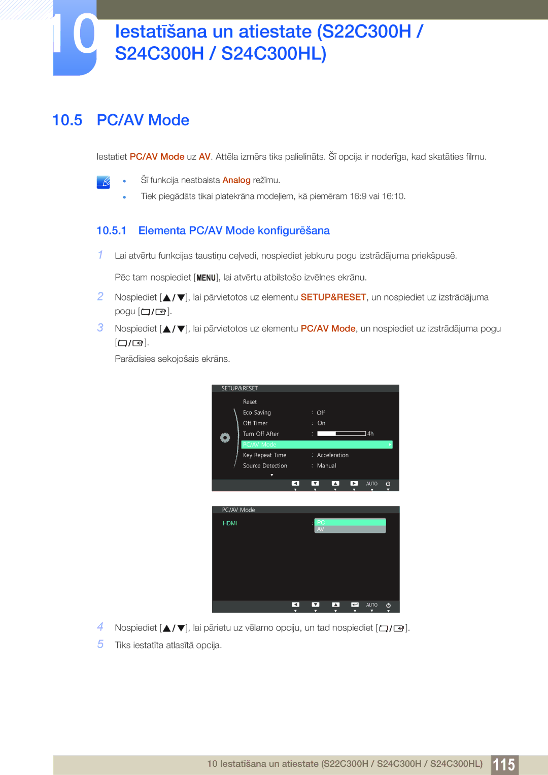 Samsung LS24C300BS/EN, LS19C300BS/EN, LS22C300BS/EN, LS20C300BL/EN manual 10.5 PC/AV Mode, Elementa PC/AV Mode konfigurēšana 