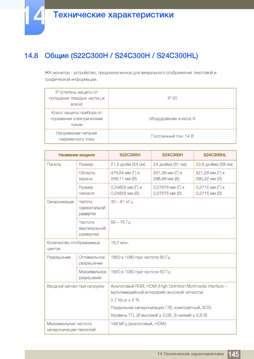 Samsung LS19C300BS/EN manual 14.8 Общие S22C300H / S24C300H / S24C300HL, Название модели S22C300H S24C300H S24C300HL 