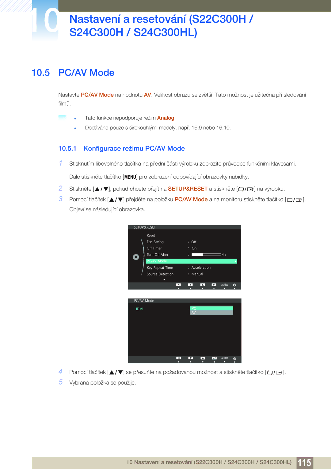 Samsung LS20C300BL/EN, LS24C300BS/EN, LS19C300BS/EN, LS22C300BS/EN manual 10.5 PC/AV Mode, Konfigurace režimu PC/AV Mode 