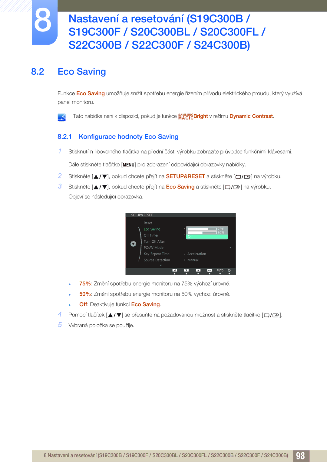 Samsung LS24C300BS/EN, LS19C300BS/EN, LS22C300BS/EN, LS20C300BL/EN, LS24C300HS/EN manual Konfigurace hodnoty Eco Saving 