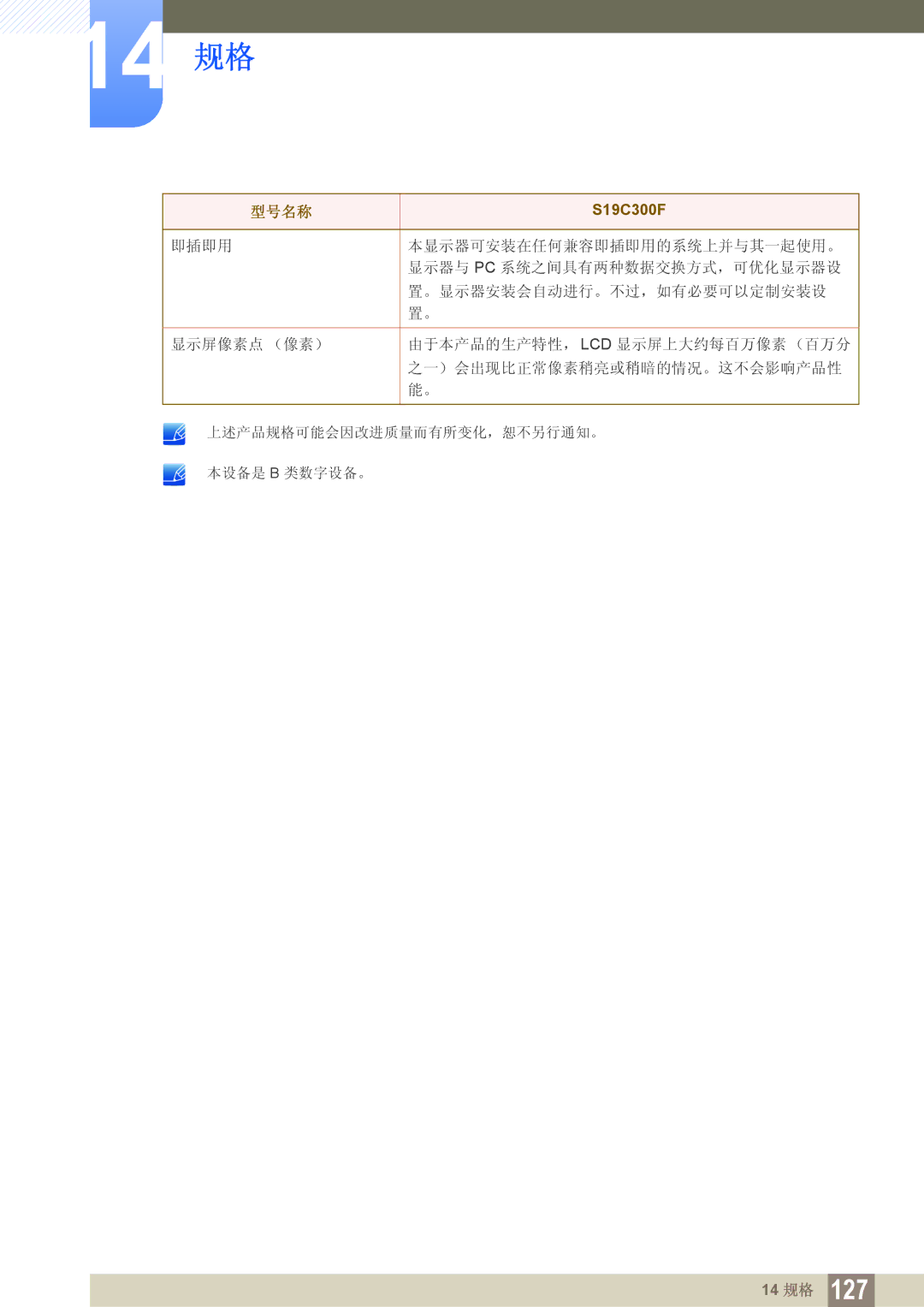 Samsung LS19C300BS/EN, LS24C300BS/EN, LS22C300BS/EN, LS20C300BL/EN, LS24C300HS/EN, LS22C300HS/EN manual 14 规格 