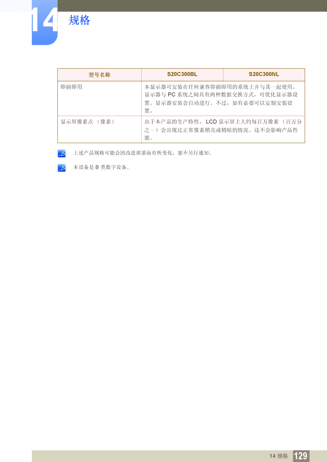 Samsung LS20C300BL/EN, LS24C300BS/EN, LS19C300BS/EN, LS22C300BS/EN, LS24C300HS/EN, LS22C300HS/EN manual 14 规格 