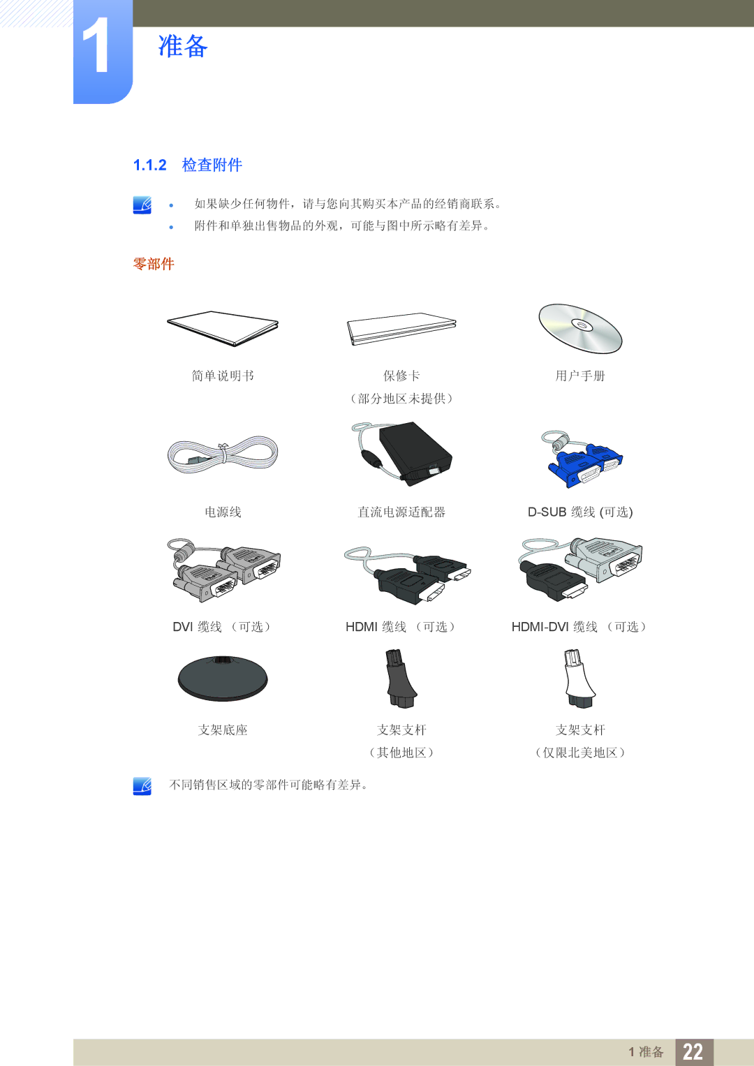 Samsung LS24C300HS/EN, LS24C300BS/EN, LS19C300BS/EN, LS22C300BS/EN, LS20C300BL/EN, LS22C300HS/EN manual 2 检查附件, 零部件 